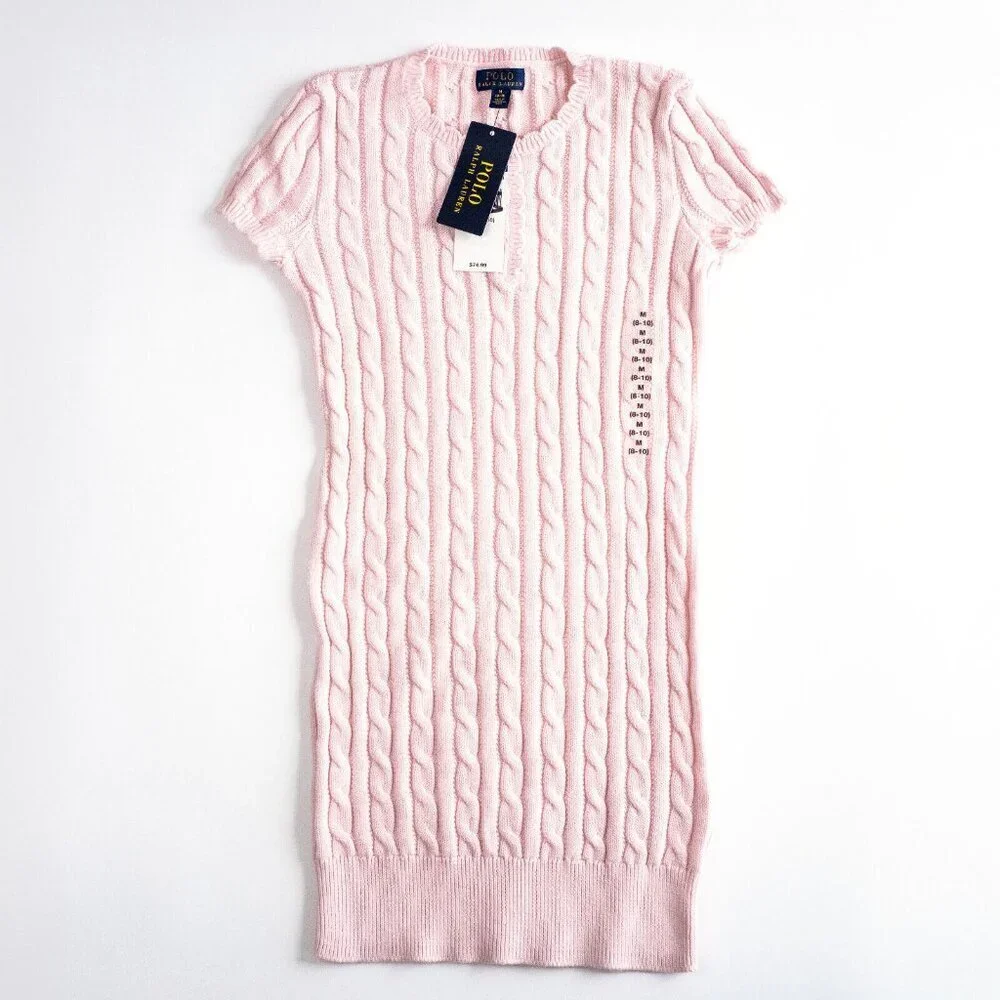 NEW Polo Ralph Lauren Girls Cable Knit Cotton Sweater Dress Pale Pink $75 M 8-10 - Picture 1 of 10